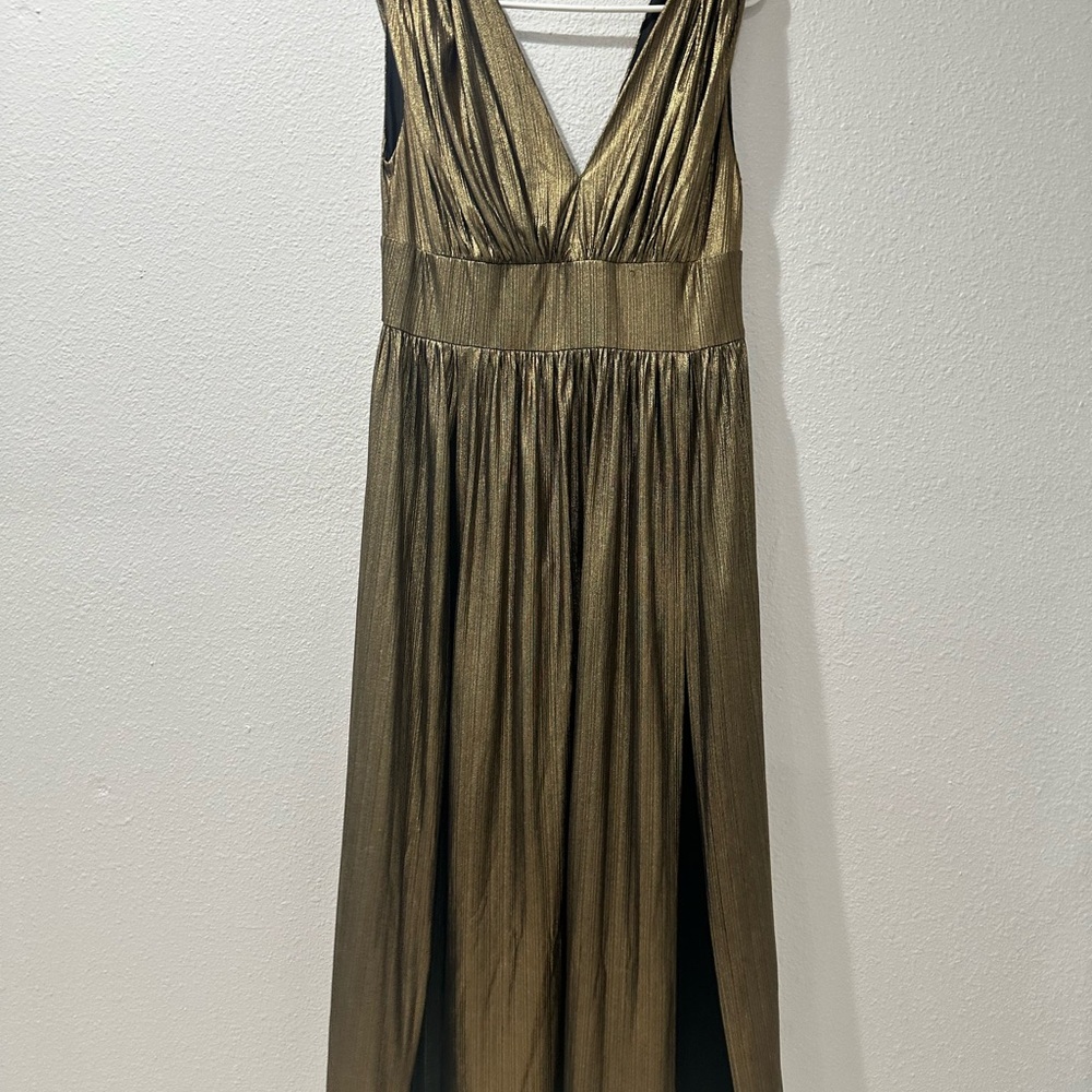 Bebe Green Ruched High-Low Gown Plunge Neckline